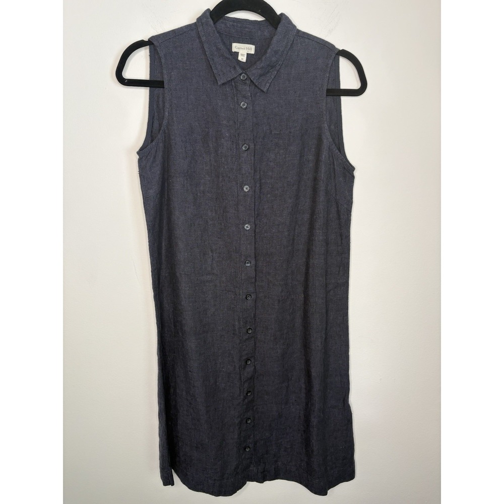 Garnet Hill 100% Linen Shirt Dress Women's Sz 4 Blue Button Up Collar Casual - Picture 1 of 7